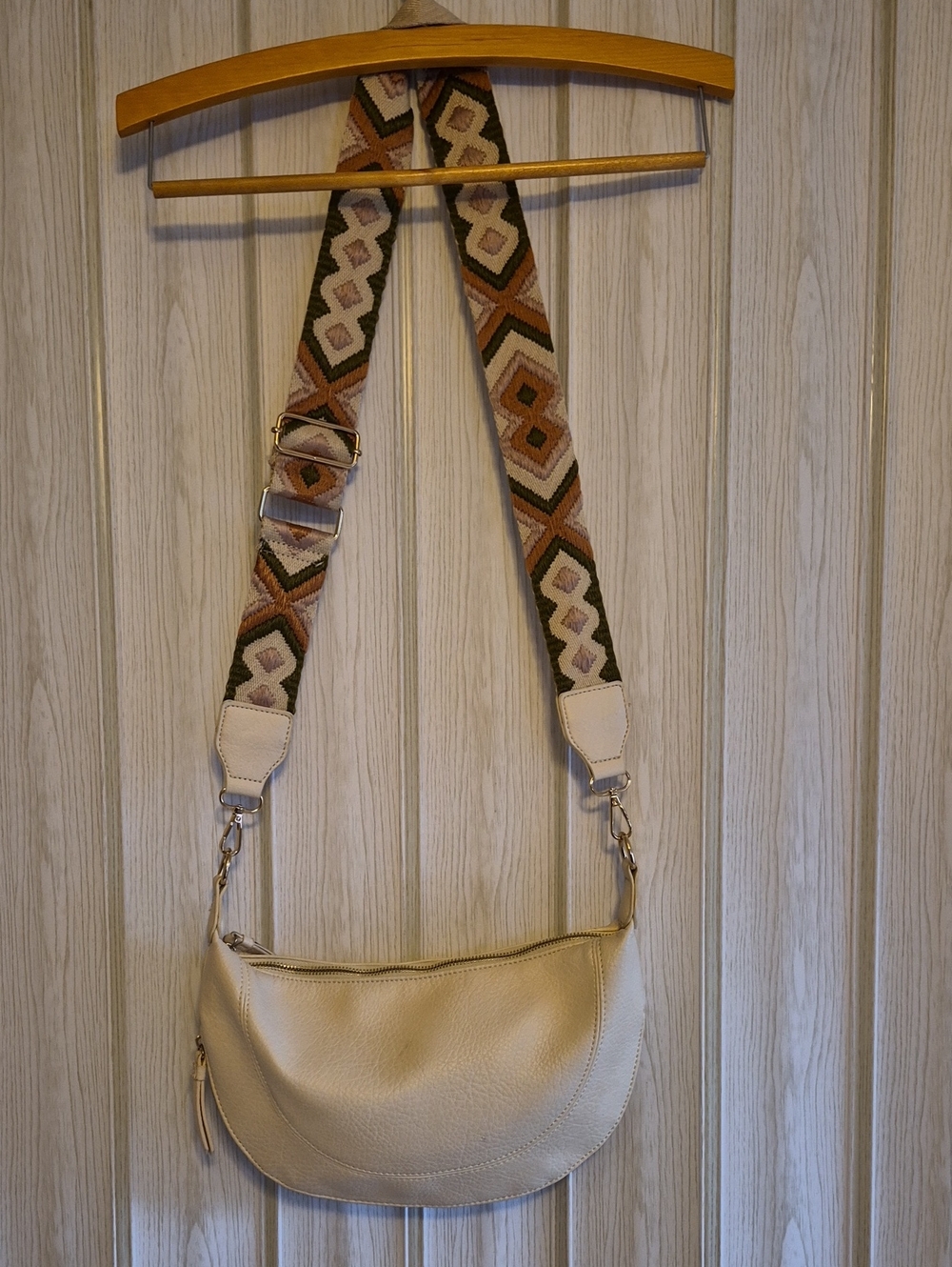 Cream Crescent Crossbody Bag with Patterned Adjustable Strap